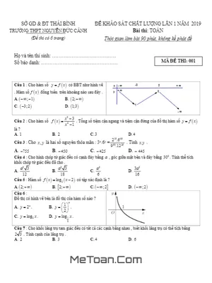 Đề khảo sát Toán 12 lần 1 năm 2019 trường THPT Nguyễn Đức Cảnh – Thái Bình