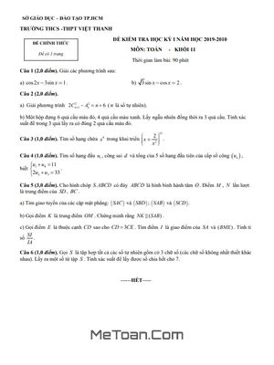Đề kiểm tra học kỳ 1 Toán 11 năm 2019 - 2020 trường Việt Thanh - TP HCM