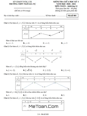 Đề thi giữa kì 1 Toán 12 năm 2020 - 2021 trường THPT Ngô Gia Tự - Đắk Lắk (có đáp án)