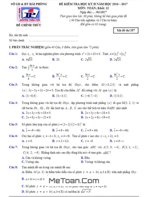 Đề thi HK2 Toán 12 năm học 2016 - 2017 trường THPT chuyên Trần Phú - Hải Phòng