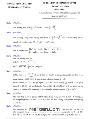Đề thi HSG Tỉnh Toán 12 năm 2022-2023 - Sở GD&ĐT Bà Rịa - Vũng Tàu