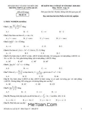 Đề thi HK2 Toán 11 năm 2020 - 2021 trường THPT Lạc Long Quân - Bến Tre
