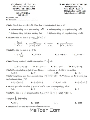 Đề Minh Họa Thi TN THPT 2023 Môn Toán Trường THPT Phú Lâm - TP.HCM