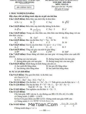 Đề khảo sát chất lượng lần 1 Toán 8 năm 2023 - 2024 phòng GD&ĐT Cẩm Giàng - Hải Dương
