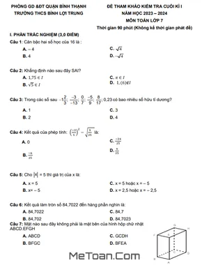 Trọn bộ 13 đề thi tham khảo cuối kỳ 1 Toán 7 năm 2023 - 2024 phòng GD&ĐT Bình Thạnh - TP HCM