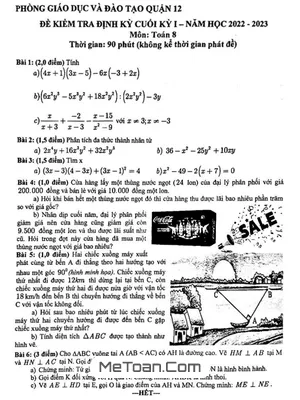 Đề kiểm tra cuối kỳ 1 Toán 8 năm 2022 - 2023 phòng GD&ĐT Quận 12 - TP HCM