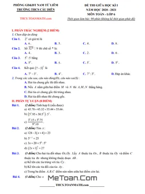 Đề thi giữa kì 1 Toán 6 năm 2020 - 2021 trường THCS Cầu Diễn - Hà Nội