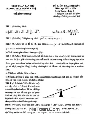 Đề thi học kỳ 1 Toán 9 năm 2023 - 2024 trường THCS Nguyễn Huệ - TP HCM