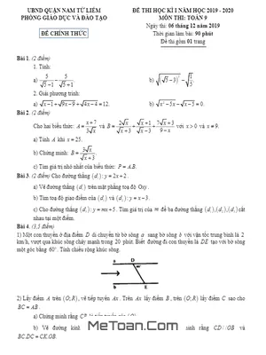 Đề thi HK1 Toán 9 năm 2019 - 2020 phòng GD&ĐT Nam Từ Liêm - Hà Nội