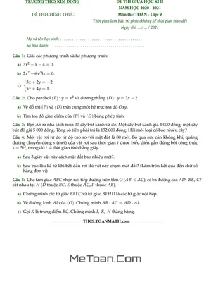 Đề thi giữa kì 2 Toán 9 năm 2020 - 2021 trường THCS Kim Đồng - TP HCM