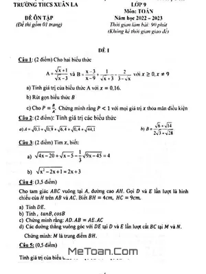 Đề Ôn Tập Giữa Học Kì 1 Toán 9 Năm 2022 - 2023 Trường THCS Xuân La - Hà Nội