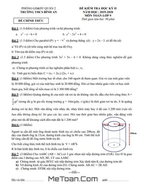 Đề thi học kì 2 Toán lớp 9 năm 2019 - 2020 trường THCS Bình An - TP HCM (có đáp án)
