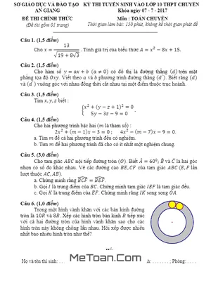 Đề thi tuyển sinh lớp 10 THPT chuyên Toán An Giang năm 2017 - 2018