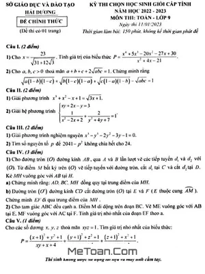 Đề thi chọn học sinh giỏi cấp tỉnh môn Toán lớp 9 năm 2022 - 2023 sở GD&ĐT Hải Dương