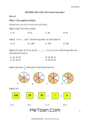 Bộ 5 Đề Ôn Luyện Thi Giữa Kì 1 Môn Toán Lớp 3 (Cánh Diều)
