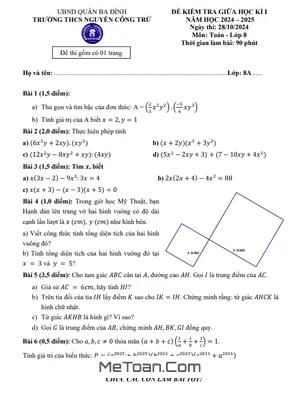 Đề thi giữa kì 1 Toán 8 năm 2024 - 2025 trường THCS Nguyễn Công Trứ - Hà Nội