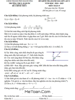 Đề thi giữa kỳ 1 Toán 9 năm 2024 - 2025 trường THCS Ái Quốc - Hải Dương