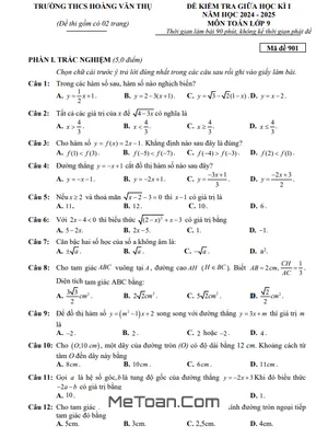 Đề thi giữa kỳ 1 Toán 9 năm 2024 - 2025 trường THCS Hoàng Văn Thụ - Bắc Giang