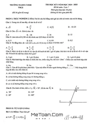 Đề thi học kỳ 1 Toán lớp 7 năm 2024 - 2025 trường Marie Curie - Hà Nội