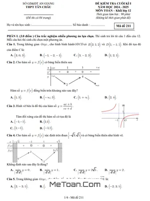 Đề thi cuối kì 1 Toán 12 năm 2024 - 2025 trường THPT Tân Châu - An Giang