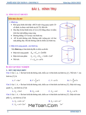 Trọn Bộ Bài Tập Toán 9 Chương Hình Học Trực Quan: Hình Trụ - Nón - Cầu (Có Lời Giải)