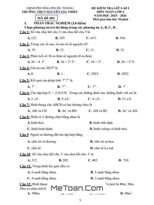 Đề Thi Giữa Kỳ 1 Toán 6 Năm 2025 - 2026 THCS Nguyễn Gia Thiều, TPHCM (Có Đáp Án Chi Tiết)