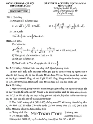 Đề thi học kì 1 Toán 9 năm học 2025 – 2026 quận Hà Đông - Hà Nội