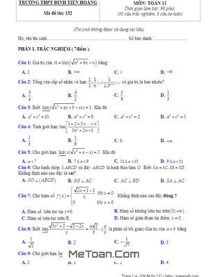 Đề thi bán kỳ 2 Toán 11 năm 2018 - 2019 trường THPT Đinh Tiên Hoàng - Ninh Bình