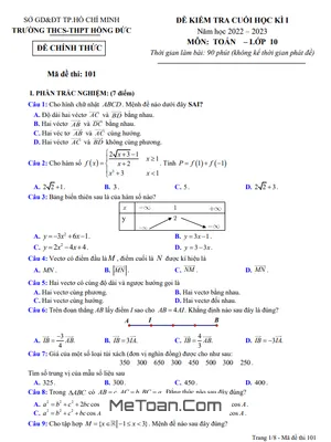 Đề thi học kì 1 Toán 10 năm 2022 – 2023 trường THCS&THPT Hồng Đức – TP HCM