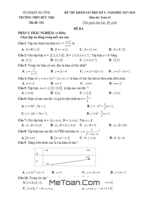 Đề thi khảo sát HK1 Toán 10 năm 2017 - 2018 trường THPT Đức Thọ - Hà Tĩnh (Có đáp án)