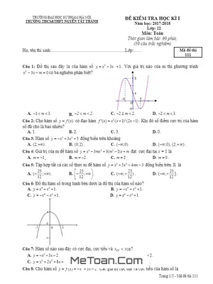 Đề kiểm tra HK1 Toán 12 năm học 2017 - 2018 trường Nguyễn Tất Thành - Hà Nội