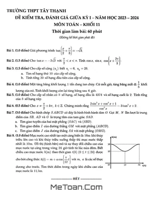 Đề thi giữa kỳ 1 Toán 11 năm 2023 - 2024 trường THPT Tây Thạnh - TP HCM