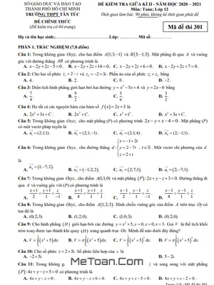 Đề thi giữa kì 2 Toán 12 năm 2020 - 2021 trường THPT Tân Túc - TP HCM