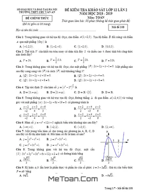 Đề khảo sát Toán 12 lần 2 năm 2018 – 2019 trường Chu Văn An – Hà Nội