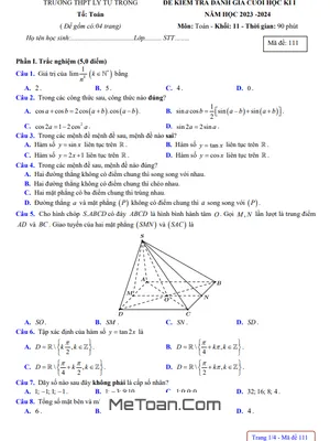 Trọn Bộ Đề Thi HKI Toán 11 Năm 2023-2024 Trường THPT Lý Tự Trọng - Khánh Hòa (Có Đáp Án)