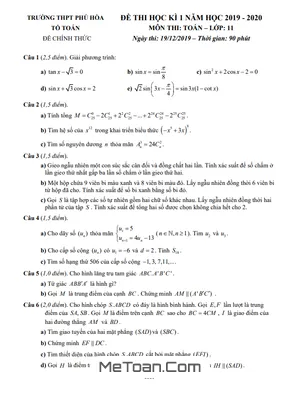 Đề thi học kì 1 Toán 11 năm 2019 - 2020 trường THPT Phú Hòa - TP.HCM