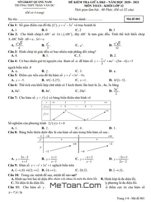 Đề thi giữa HK1 Toán 12 năm 2020 - 2021 trường THPT Trần Văn Dư - Quảng Nam