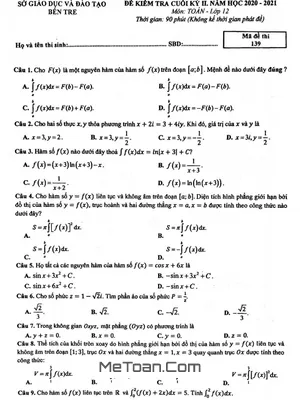Đề thi Toán 12 cuối kỳ 2 năm 2020 - 2021 Sở GD&ĐT Bến Tre - Có đáp án