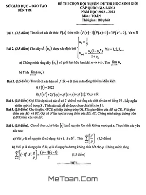 Đề chọn đội tuyển HSGQG môn Toán 2022 - 2023 Sở GD&ĐT Bến Tre
