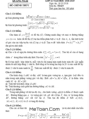 Đề thi HSG Toán 12 cấp Tỉnh Quảng Ngãi năm 2018 - 2019 - Có lời giải