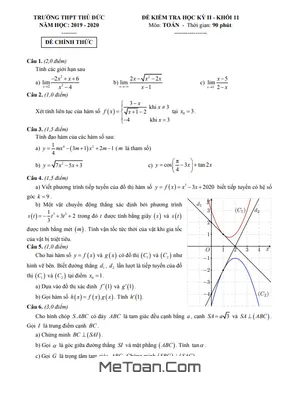 Đề thi học kì 2 môn Toán lớp 11 năm 2019 - 2020 trường THPT Thủ Đức - TP.HCM (có lời giải)