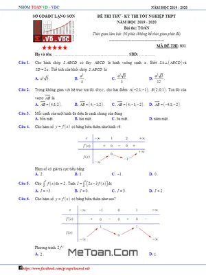 Đề thi thử tốt nghiệp THPT năm 2020 môn Toán sở GD&ĐT Lạng Sơn