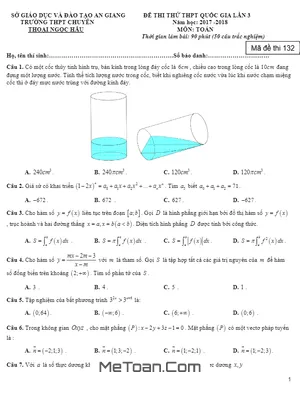 Đề thi thử Toán THPTQG 2018 trường THPT chuyên Thoại Ngọc Hầu - An Giang lần 3 (có đáp án)