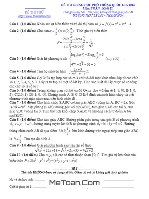 Đề thi thử THPT Quốc gia 2016 môn Toán trường THPT Lê Lợi – Thanh Hóa
