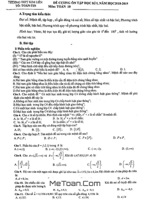 Đề Cương Ôn Tập Học Kỳ 1 Toán 10 Năm 2018 - 2019 Trường THPT Kim Liên - Hà Nội