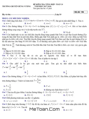 Đề thi và đáp án kiểm tra tổng hợp Toán 10 năm 2017 - 2018 trường chuyên Hùng Vương - Bình Dương
