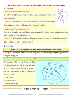 Tài Liệu Toán 9: Góc Có Đỉnh Bên Trong Và Bên Ngoài Đường Tròn