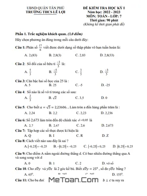 Đề kiểm tra học kỳ 1 Toán 7 năm 2022 - 2023 trường THCS Lê Lợi - TP HCM