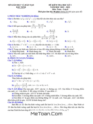 Đề thi học kì 1 Toán 8 năm 2022 - 2023 Sở GD&ĐT Bắc Ninh