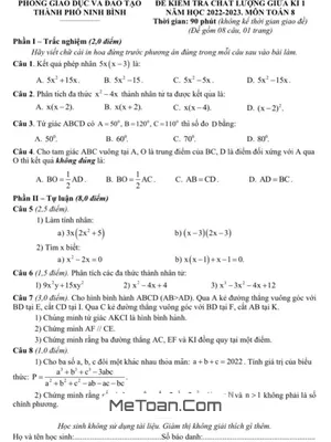 Đề Thi Giữa Kì 1 Toán 8 Năm 2022-2023 Phòng GD&ĐT TP Ninh Bình